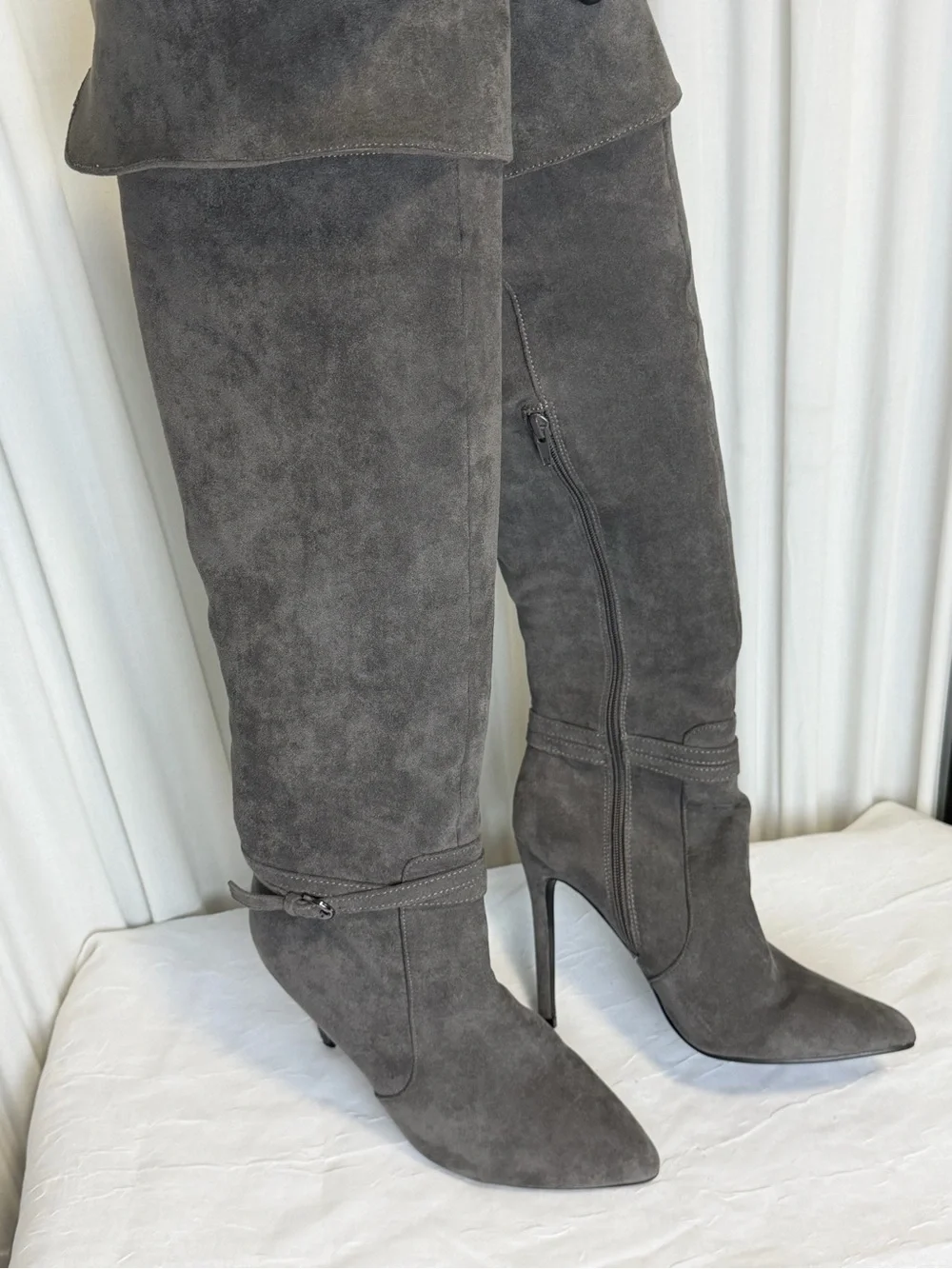 Lost Ink women’s knee high grey suede stiletto boots